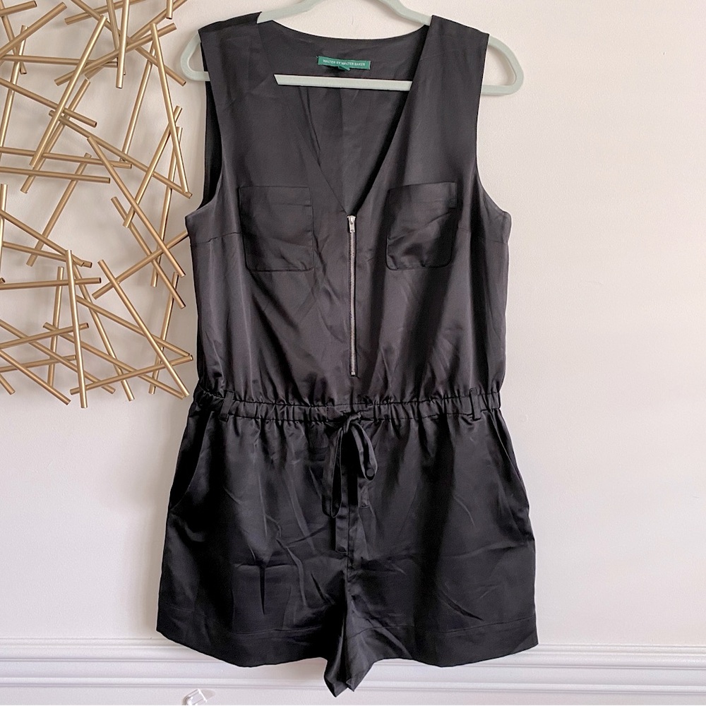 Nordstrom Walter by Walter Baker Black Satin Zip Front Tie Waist Shorts Romper L